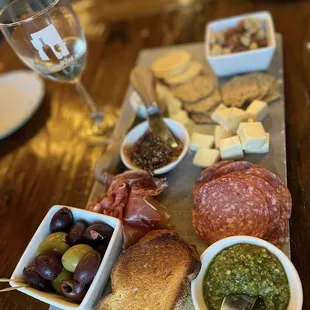 Charcuterie board that you can create on your own by selecting different items on the menu.