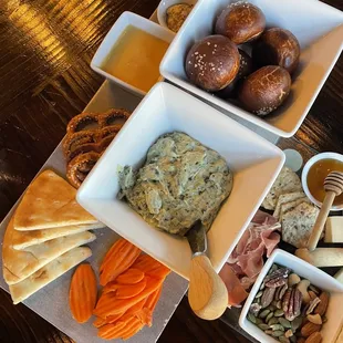 Spinach dip and pretzel balls