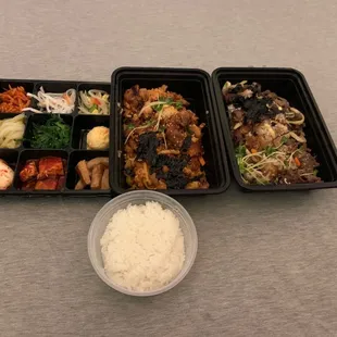 1 side of rice, 2 bim bim baps $45 each for rice and chicken. And only one included assortment of sides for a dinner of 2.