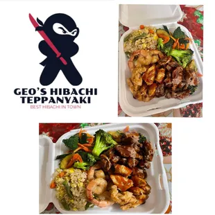 Hibachi teppanyaki  Fried rice with veggies steak, chicken and shrimp combo