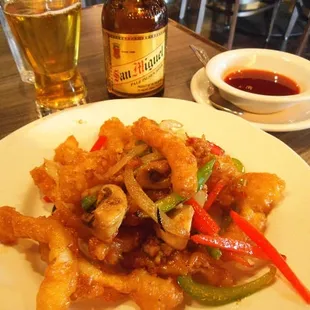 Calamari, and San Miguel beer