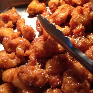 Honey Chicken that sticks to the top of your mouth.