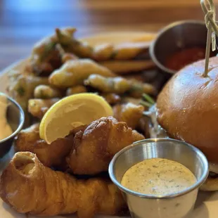 Burger and Fries + Fish &amp; Chips (The serve split it for us!)