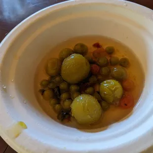 Pickled tomatoes and peas