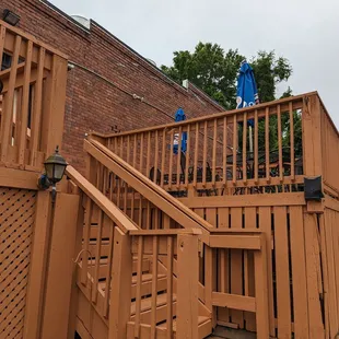 a wooden deck and stairs