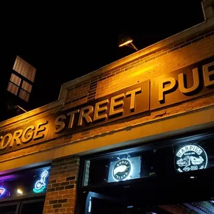 the front of the pub at night