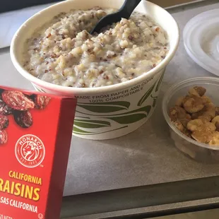 All of this for $1.09!!! Hearty oatmeal with chia seeds and coconut milk. Perfect sweetness. Get walnuts and raisins @ register.