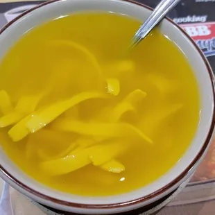 Chicken flavored noodles (their take on chicken noodle soup). Only has broth and noodles in it. Lazy.