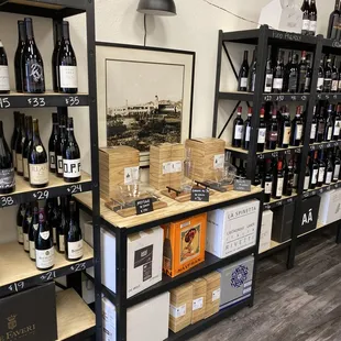 shelves full of wine bottles