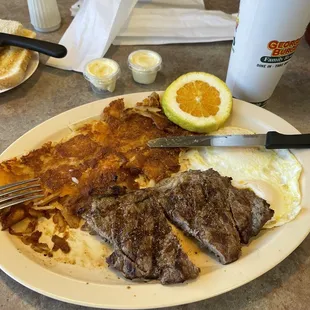 Steak and eggs.