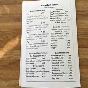 Breakfast menu