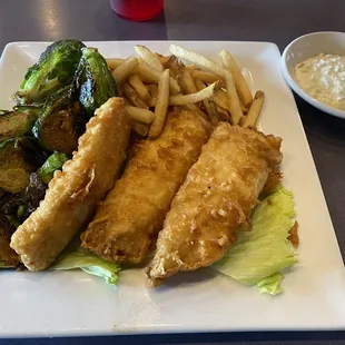 Fish &amp; chips, with Brussels sprouts