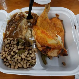 Baked chicken, black eyed peas, mashed potatoes