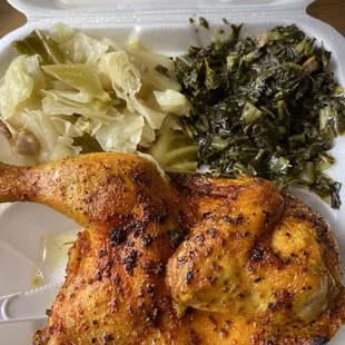 Half baked chicken, greens and cabbage.  Delicious!!