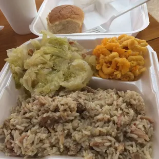 A nice southern plate of yummy a.k.a. pork and rice, cabbage, and Macaroni and cheese!