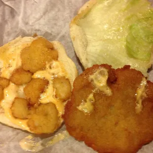 $2.00, Cajun slug burger. Has fried popcorn shrimp and remoulade sauce. Pretty good combination.