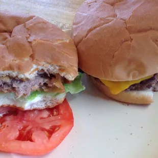 Chicken fried steak (left) &amp; cheeseburger. Both bland &amp; lack character, but was a cheap meal. 3 sandwiches 1fries 1 drink= 10.65