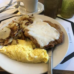 Country Fried Steak, eggs, and hash browns