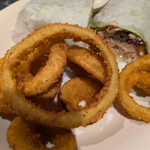 Greek chicken wrap with onion rings