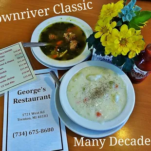 a bowl of soup and a menu