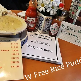 a plate of food and a menu