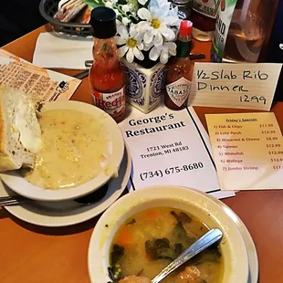 Clam Chowder n Italian Wedding Soup  look at the mega Meat Balls