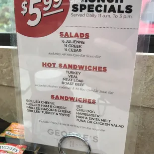 a menu for special specials