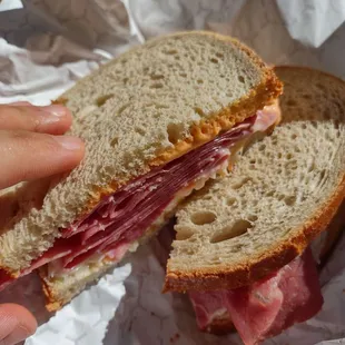 Corned beef with coleslaw on rye. Good concept, but not the big fresh deli sandwich I&apos;d hoped for. Cold, wet packaged meat.