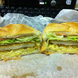 Fried chicken sandwich with egg, $4.25