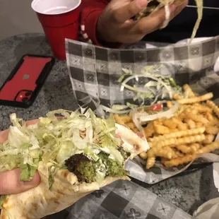 falafel sandwich and fries