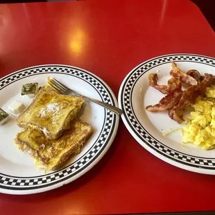 $8.95 George&apos;s Breakfast: 2 french toast (or pancakes or waffles), 3 eggs, &amp; choice of 3 bacon, sausage links or 2 sausage patties (07.2024)