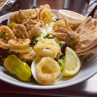 Fried calamari Greek salad