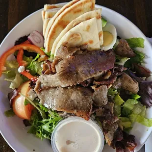 Lunch Greek salad with gyros, hold the garbanzo beans