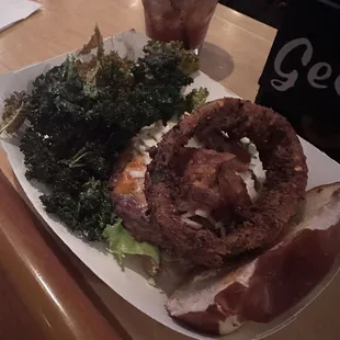 Hall of Flame burger with kale chips