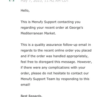 Email response from Menufy regarding fraudulent practices of George&apos;s Mediterranean.