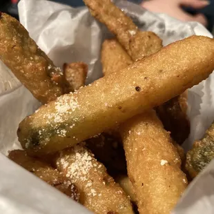 a basket of fried green beans