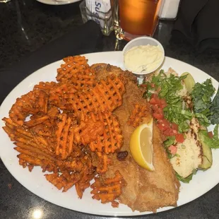 Fried fish with sweet potato fries