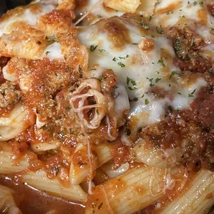 Baked Ziti and Meat Marinara sauce.