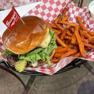 George's Black Angus Burger with sweet potato fries