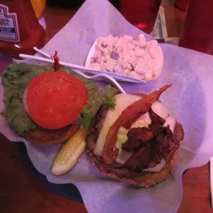 Bacon &amp; Jack Burger. Side: potato salad.