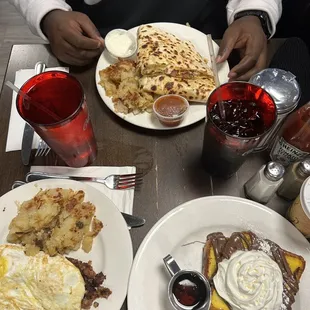 Nutella French toast, corned beef hash, and breakfast quesadillas.