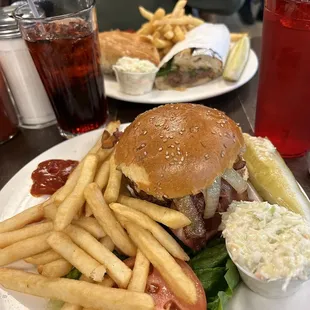 Cheese Burger and a breakfast wrap.