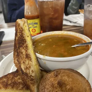Veggie beef soup and grilled cheese (corn muffin on the side)