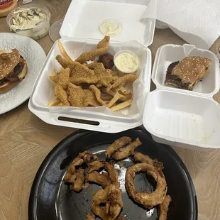 Onion rings , Cheese Burger , Catfish