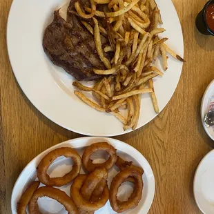 Onion Rings,  Medium Delmonico Steak, French Fries