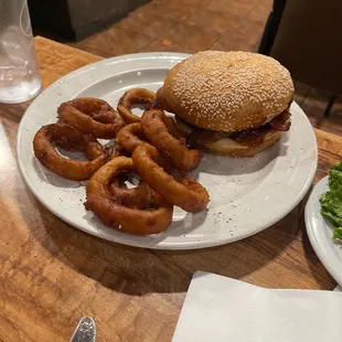 The burger was too cold and stale and the onion rings were cooked in dirty oil, this was not eaten