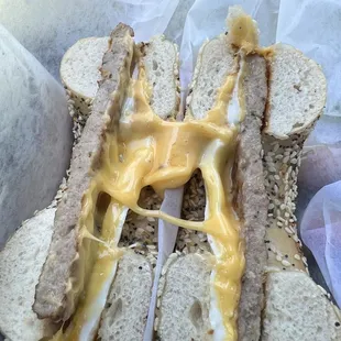 Sausage, Egg, and Cheese on Everything Bagel