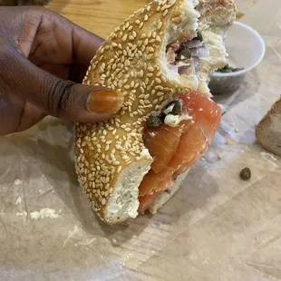Miami Burger Bagel with capers and sesame bun