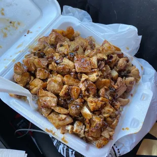 Chicken teriyaki mixed with bourbon chicken