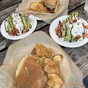 Crispy chicken strip sammich with home sliced chips and a wedge salad